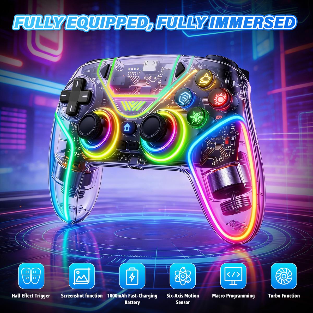 Wireless Gaming Controller Pro for PS5 with LED RGB Light– Compatible with Playstation 5,Dual Vibration, Motion Sensing, Programmable Buttons & 1000mAh Fast-Charging Battery